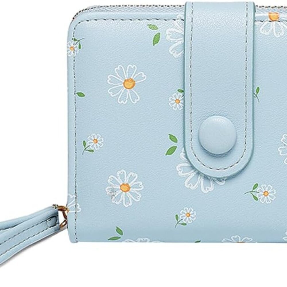 Faux Leather Floral Bifold Wallet with Coin Purse Credit Card ID Window Blue